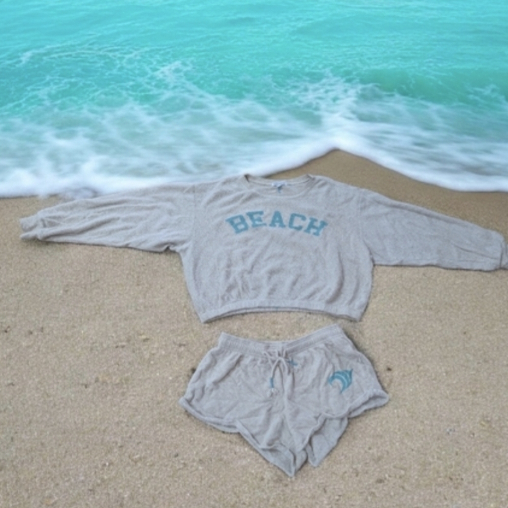 P.J. Salvage Oatmeal Turquoise Beach Pajama Lounge Set M L